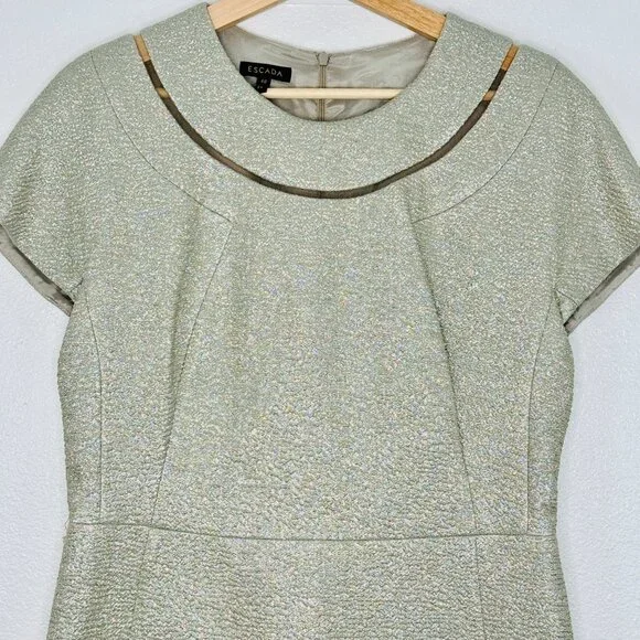 ESCADA Jacquard Metallic Sheath Dress Light Sand Shoulder Details SZ 40 /US 10 - Picture 2 of 14